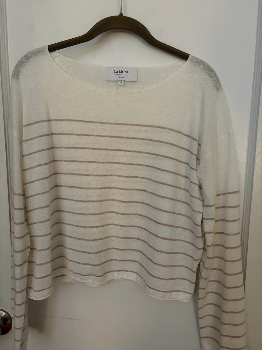 La Ligne Cream and Tan Striped Boat Neck Sweater. Never worn